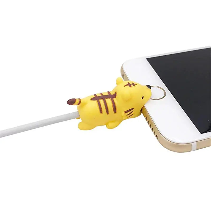 yellow cat shaped phone cable protector with a white cord