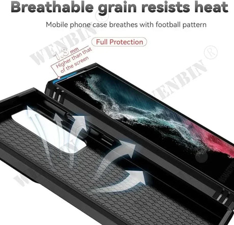 Mobile phone case with a breathable, heat-resistant design featuring a football-like texture pattern.