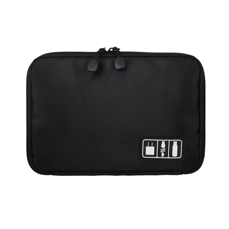 a black laptop case with a white logo