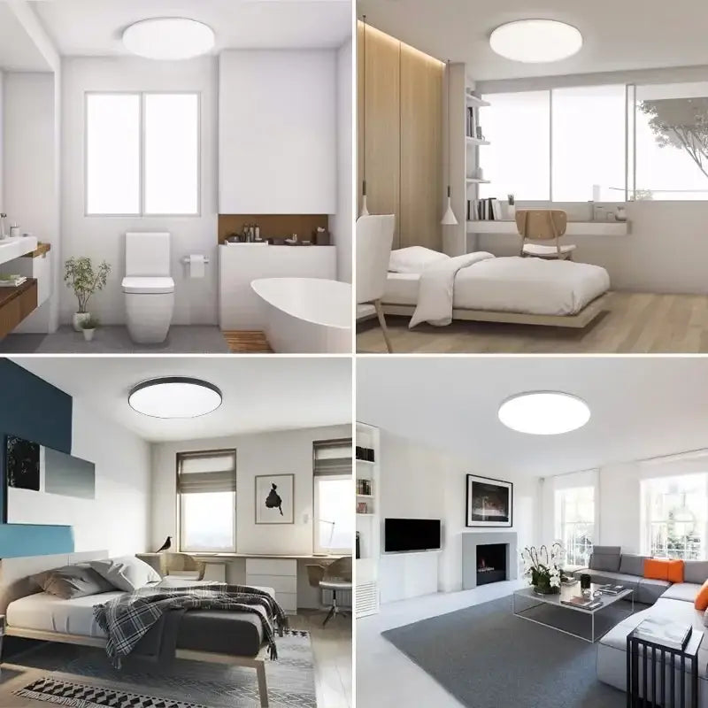 a col of four images of a modern apartment