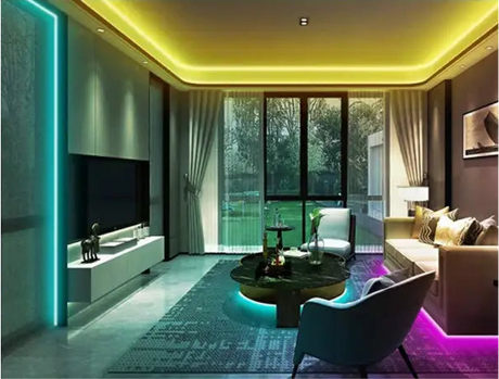 Modern living room with colorful LED lighting and sleek furniture.