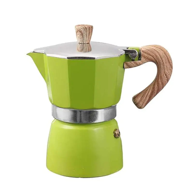 a green coffee pot with a wooden handle