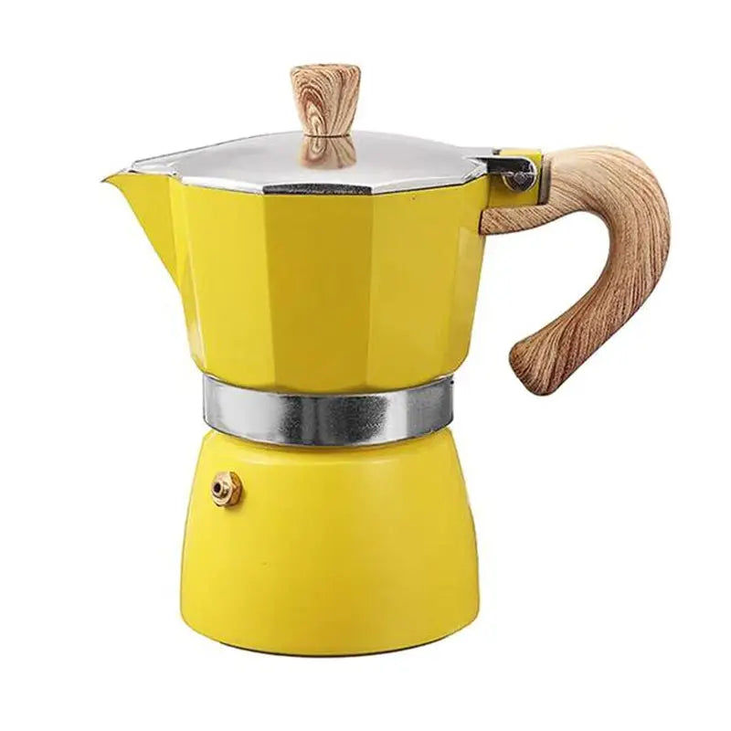 a yellow coffee pot with a wooden handle