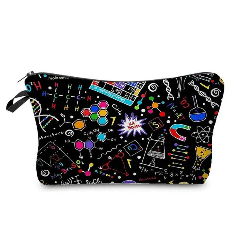 a black bag with a pattern of science symbols