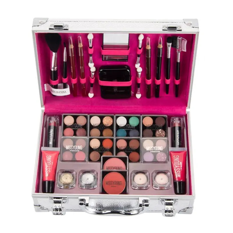 a pink suitcase with makeup and cosmetics