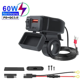 Motorcycle handlebar USB charger with accessories.