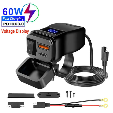 Motorcycle USB charger with voltage display.