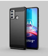 Motorola smartphone with a black protective case featuring a carbon fiber-like texture.