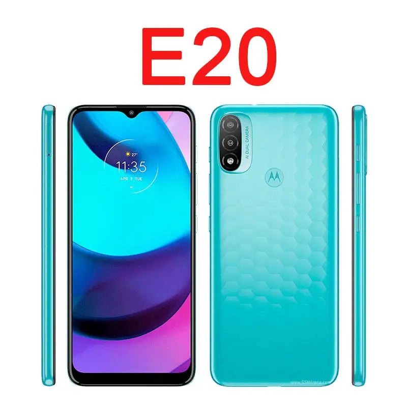 the motorola e20 smartphone with its front and back cameras
