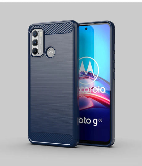 Motorola smartphone with a navy blue protective case featuring a triple camera setup.