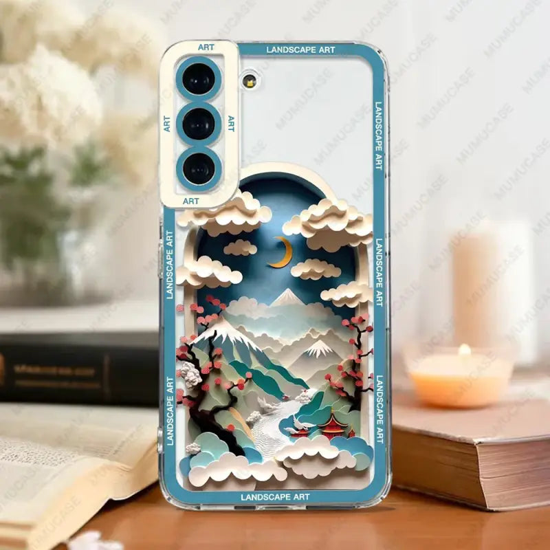 the mountains and clouds are painted on this case