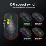 Gaming mouse with adjustable DPI settings and RGB lighting.