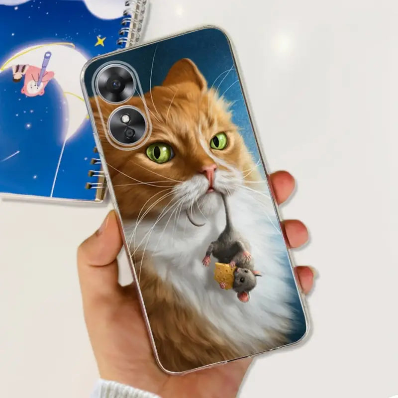 a cat with green eyes is holding a phone case