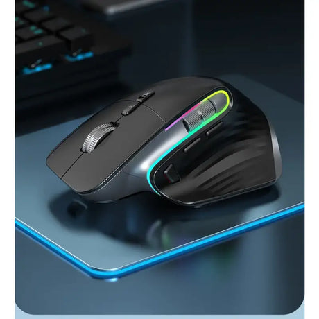 a mouse and a keyboard on a blue surface