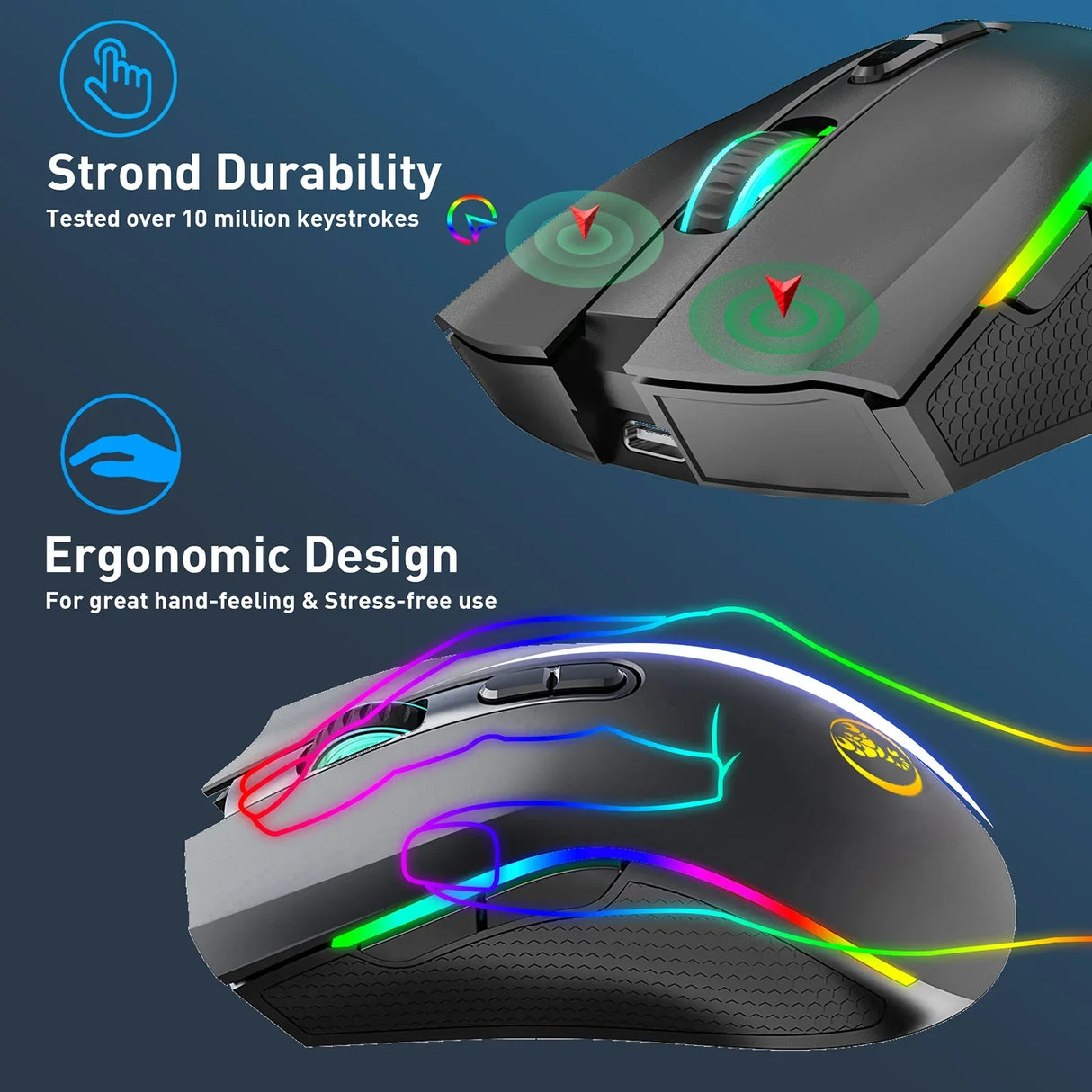 Gaming mouse with RGB lighting and ergonomic design features.