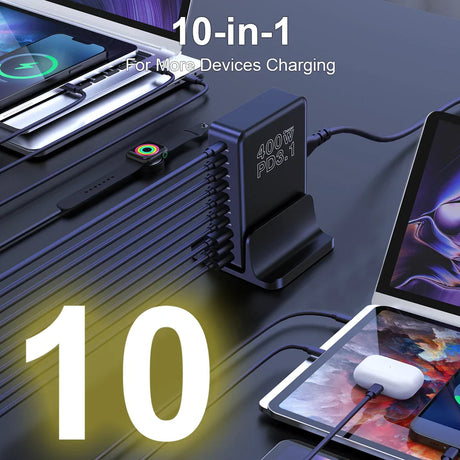 Multi-device charging station with 10-in-1 capability for various electronic devices.