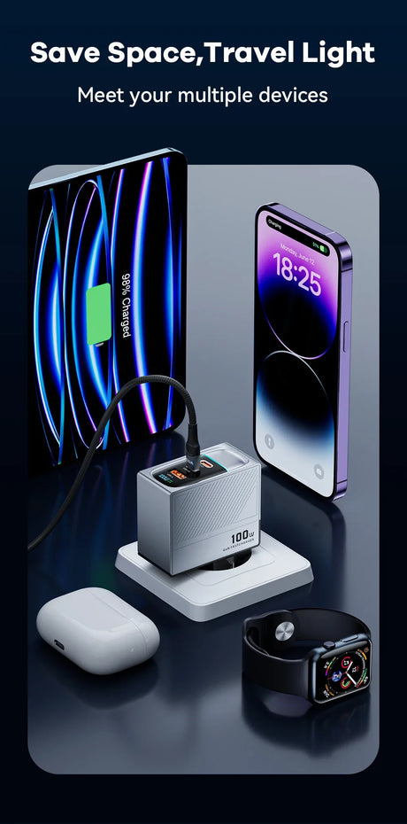 Multi-device charging station with wireless capabilities for smartphones, tablets, earbuds, and smartwatches.