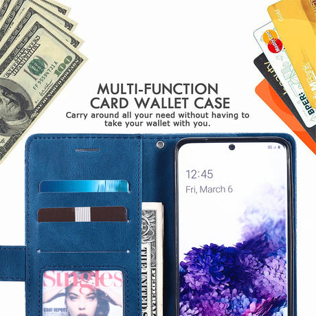 Multi-function card wallet case for a smartphone, featuring slots for cards and cash alongside the phone.