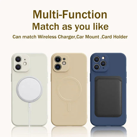 Multi-functional phone case with wireless charging, car mount, and card holder capabilities for different iPhone models.