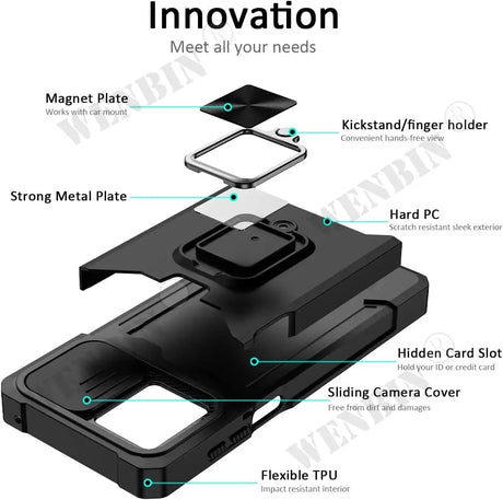 Multi-functional protective smartphone case with integrated features like a magnet plate, kickstand, card slot, and camera cover.