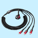 Multi-headed charging cable with a coiled cord and red-tipped connectors.