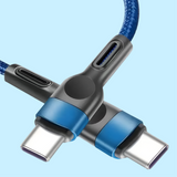 Multi-headed USB-C charging cable with blue braided cord and gray connectors.