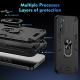 Multi-layered, durable black phone case with a built-in ring stand and magnetic compatibility.