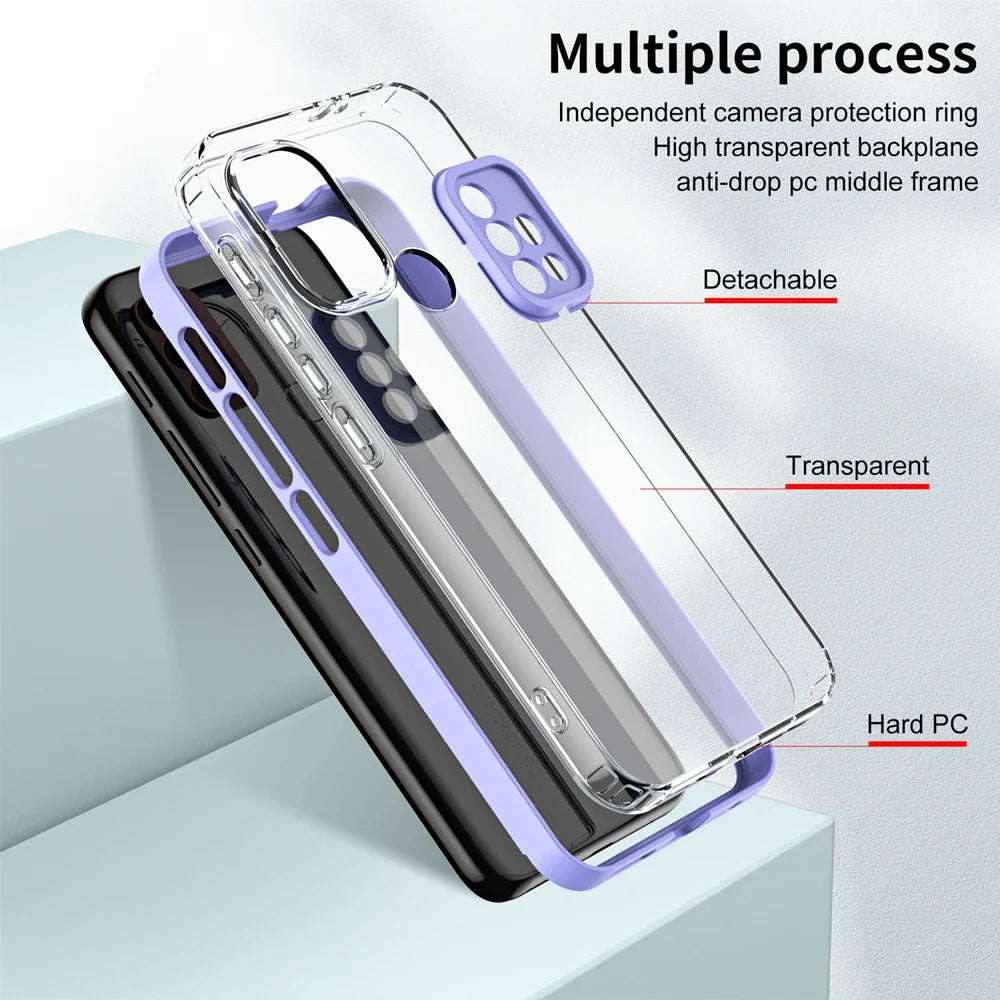 Multi-layered protective case for a smartphone with transparent and colored components.