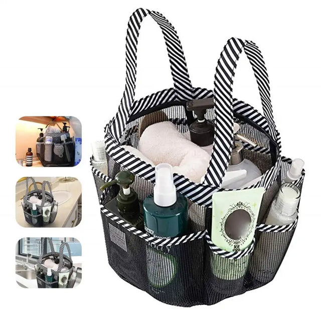 a black and white striped bag with a lot of items inside