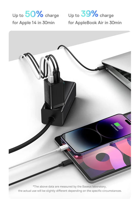 Multi-port charging adapter connected to an Apple device and laptop.