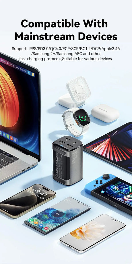 Multi-port charging adapter or power bank with various compatible devices displayed around it.