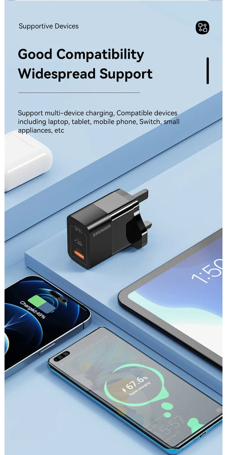 Multi-port charging adapter with USB and AC plug connections.