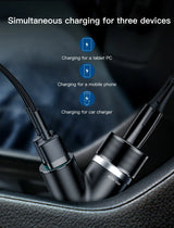 Multi-port car charger with USB cables for simultaneous device charging.