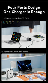 Multi-port charger capable of powering multiple devices simultaneously.