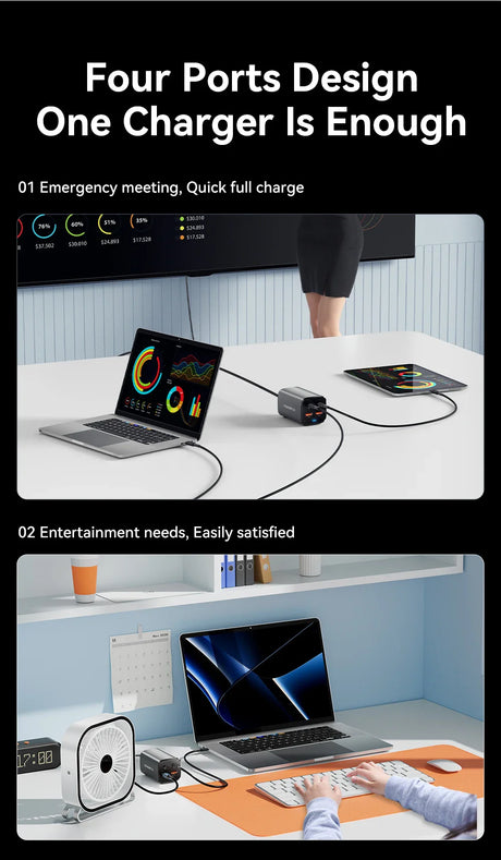 Multi-port charger capable of powering multiple devices simultaneously.