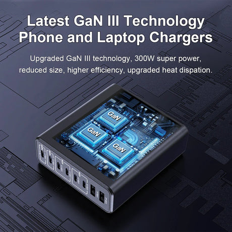 Multi-port charger featuring GaN III technology with internal circuitry visible.