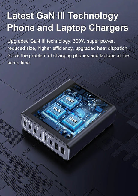 Multi-port charger featuring GaN III technology with glowing blue internal components visible through a transparent top.