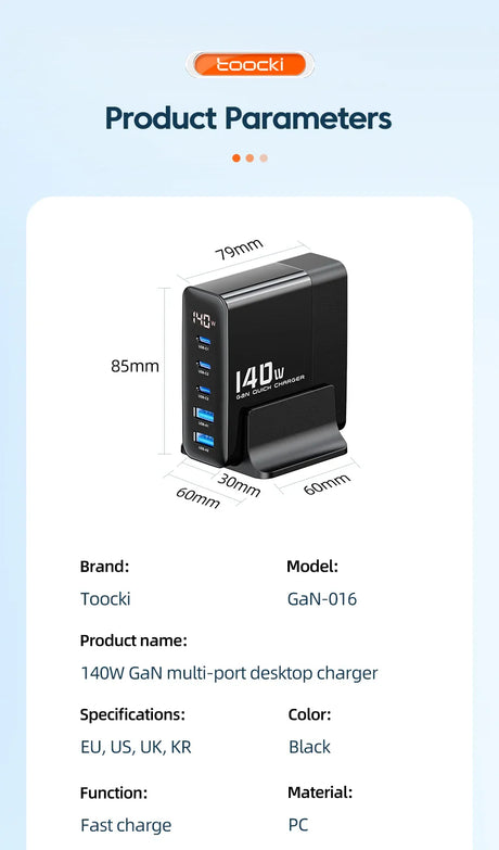 Multi-port desktop charger with 140W GaN technology and digital display.