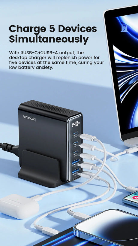 Multi-port desktop charger capable of charging five devices simultaneously.