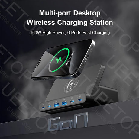 Multi-port desktop wireless charging station with 160W high power and 6 fast-charging ports.