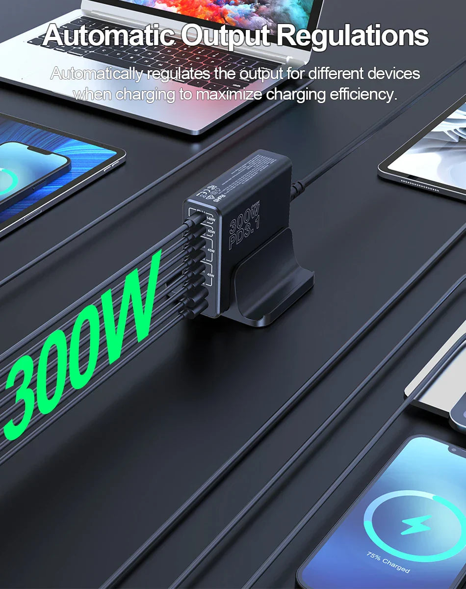 Multi-port charging device with automatic output regulation capabilities, featuring a prominent ’300W’ display.