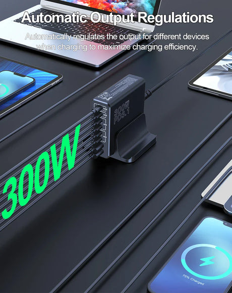 Multi-port charging device with automatic output regulation capabilities, featuring a prominent ’300W’ display.
