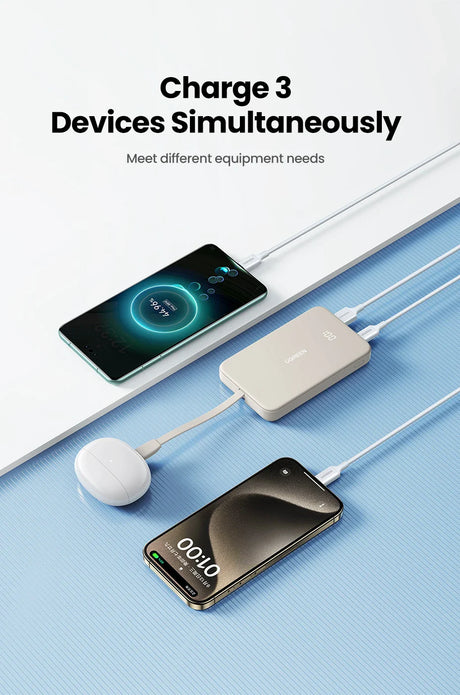 Multi-port charging device capable of powering three electronic devices simultaneously.