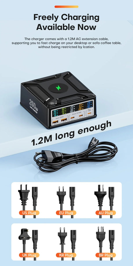 Multi-port charging device with a digital display and a wireless charging pad on top.