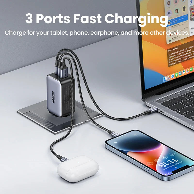 Multi-port fast charging adapter connected to various electronic devices.