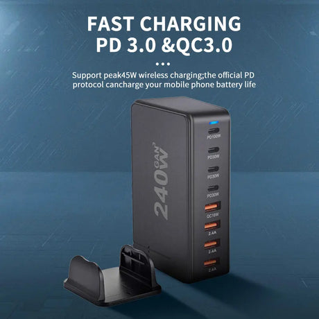 Multi-port fast charging adapter with PD 3.0 and QC 3.0 capabilities, featuring multiple USB ports and a stand.