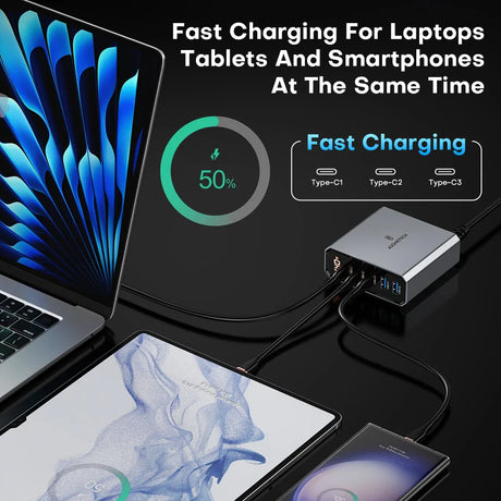 Multi-port fast charging adapter for simultaneously charging laptops, tablets, and smartphones.