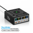 Multi-port fast charging device with 260W output capacity and wireless charging capability.