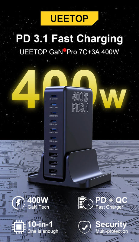 Multi-port fast charging device with 400W power output capability.