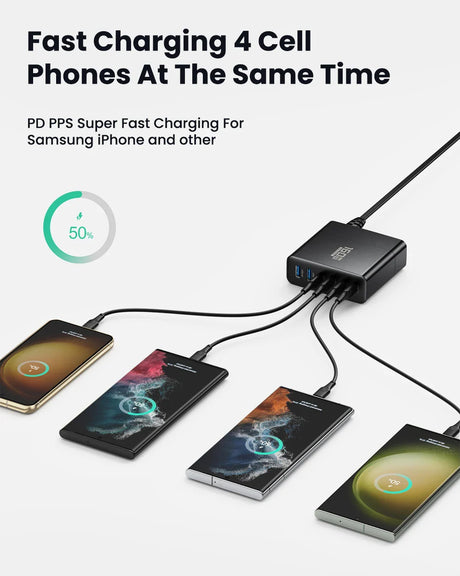 Multi-port fast charging device connected to four smartphones simultaneously.